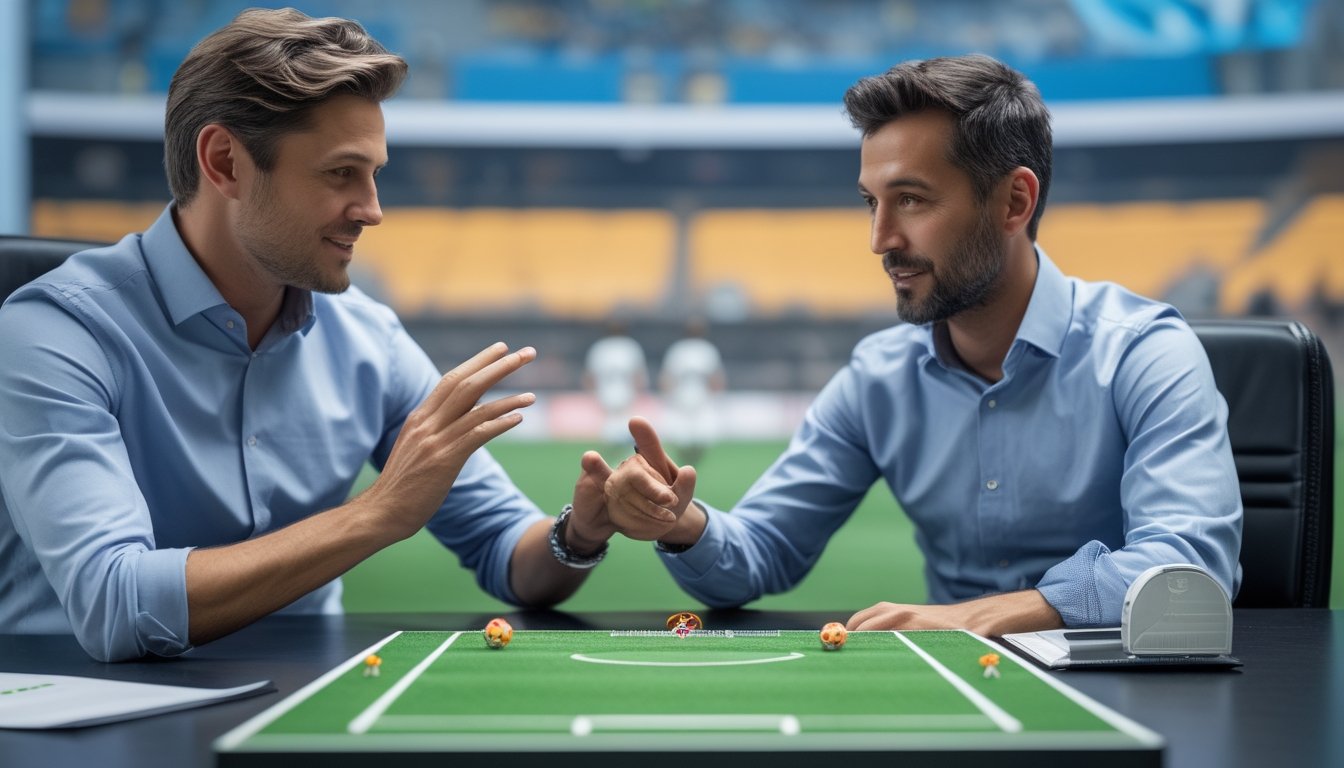 Dua analis membandingkan susunan tim dan model lapangan sepak bola di meja.