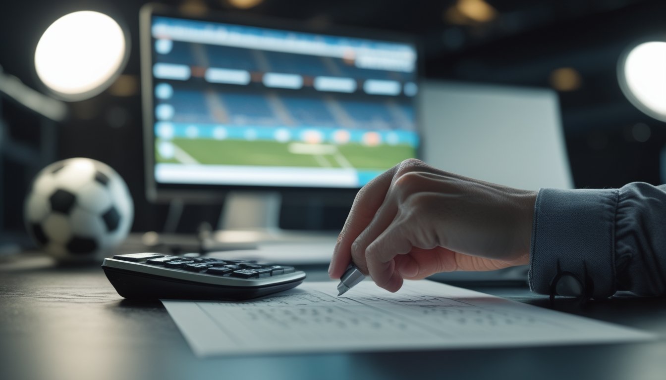 Seseorang menghitung perkiraan skor pertandingan sepak bola dengan kalkulator.