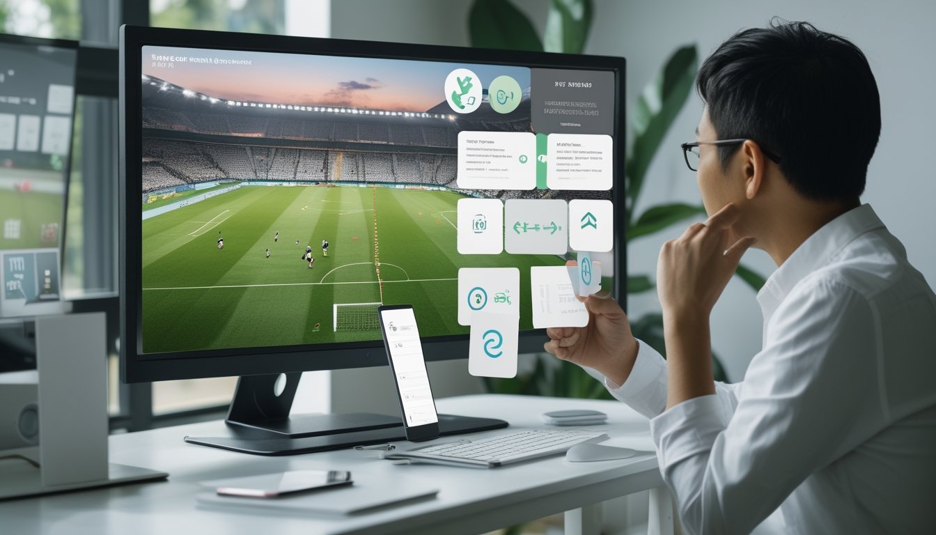 Seorang penggemar sepak bola mempelajari pertandingan di monitor sambil melihat ponsel dan kartu referensi.