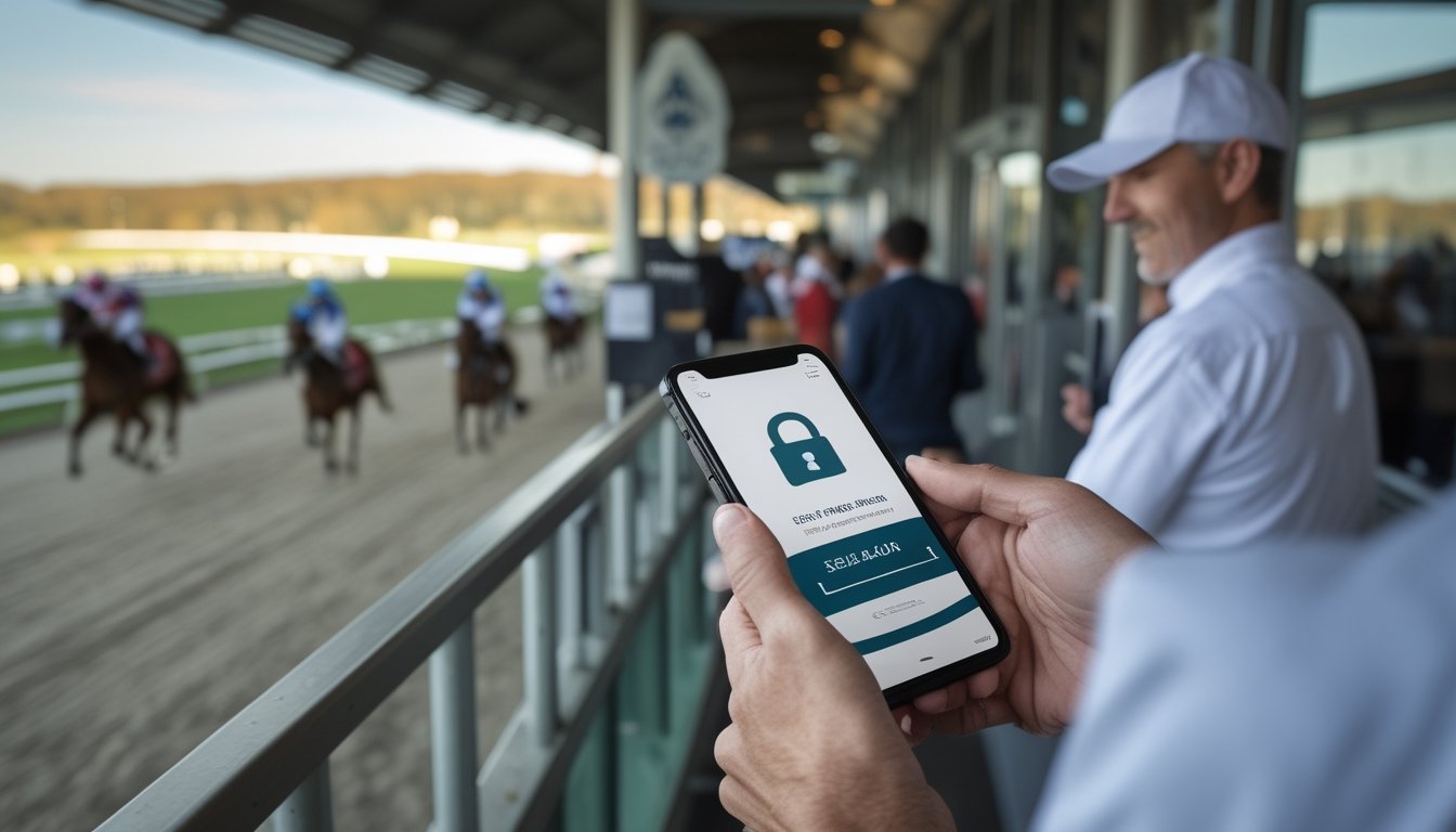 Seorang penonton membeli tiket kejuaraan balap kuda melalui ponsel di dekat loket resmi.