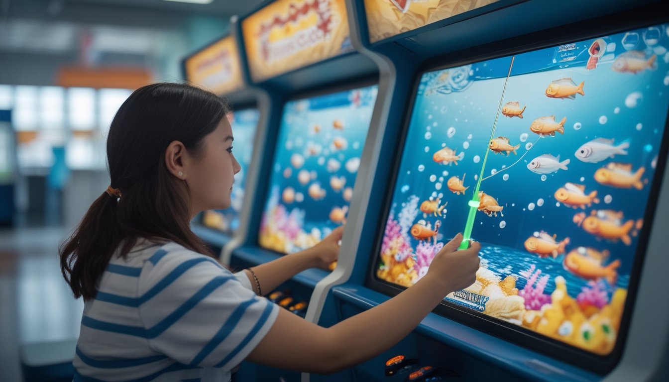 Seorang pemain belajar membidik ikan digital pada permainan arkade.