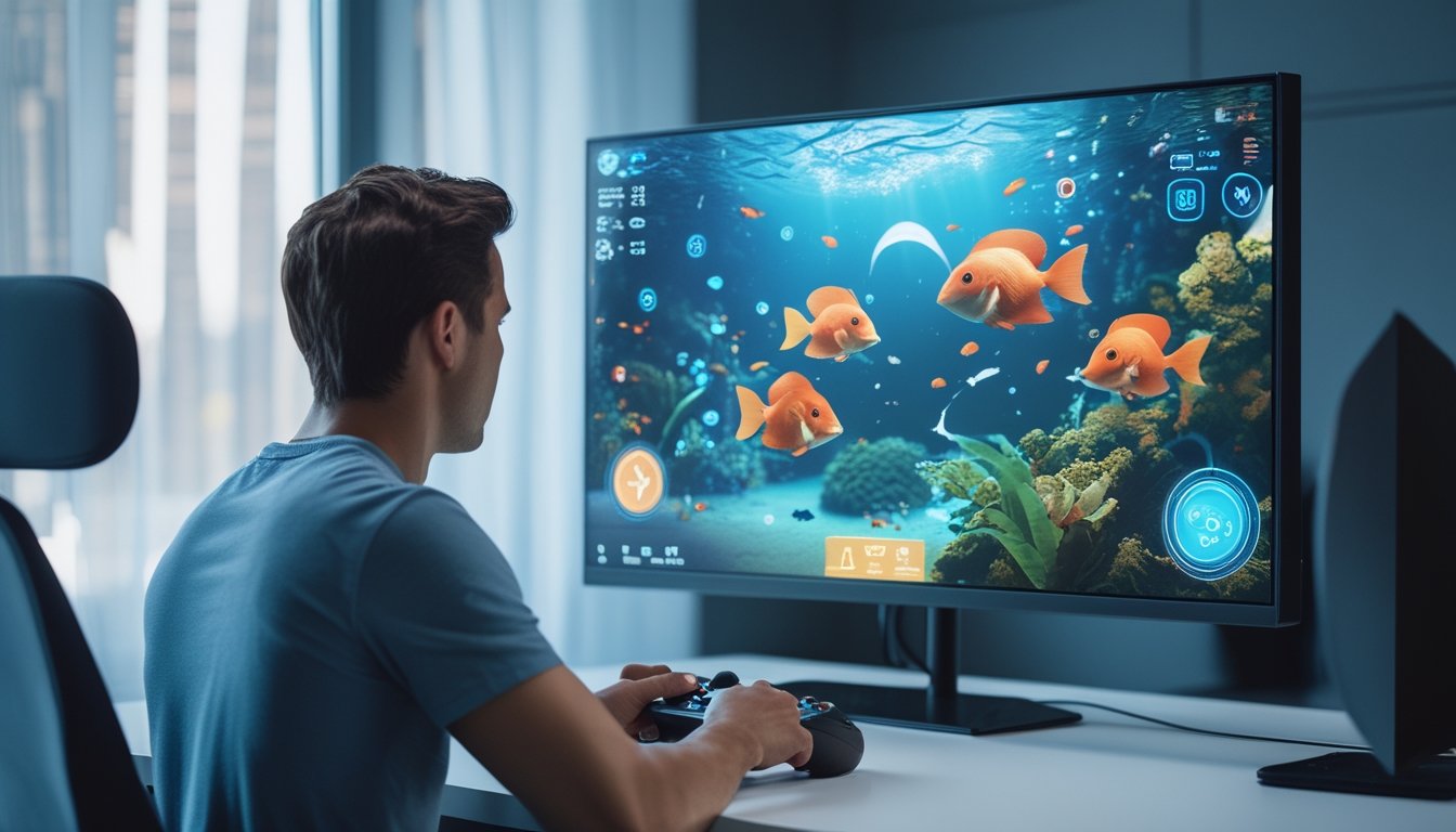 Seseorang bermain game tembak ikan bertema bawah laut di depan monitor.
