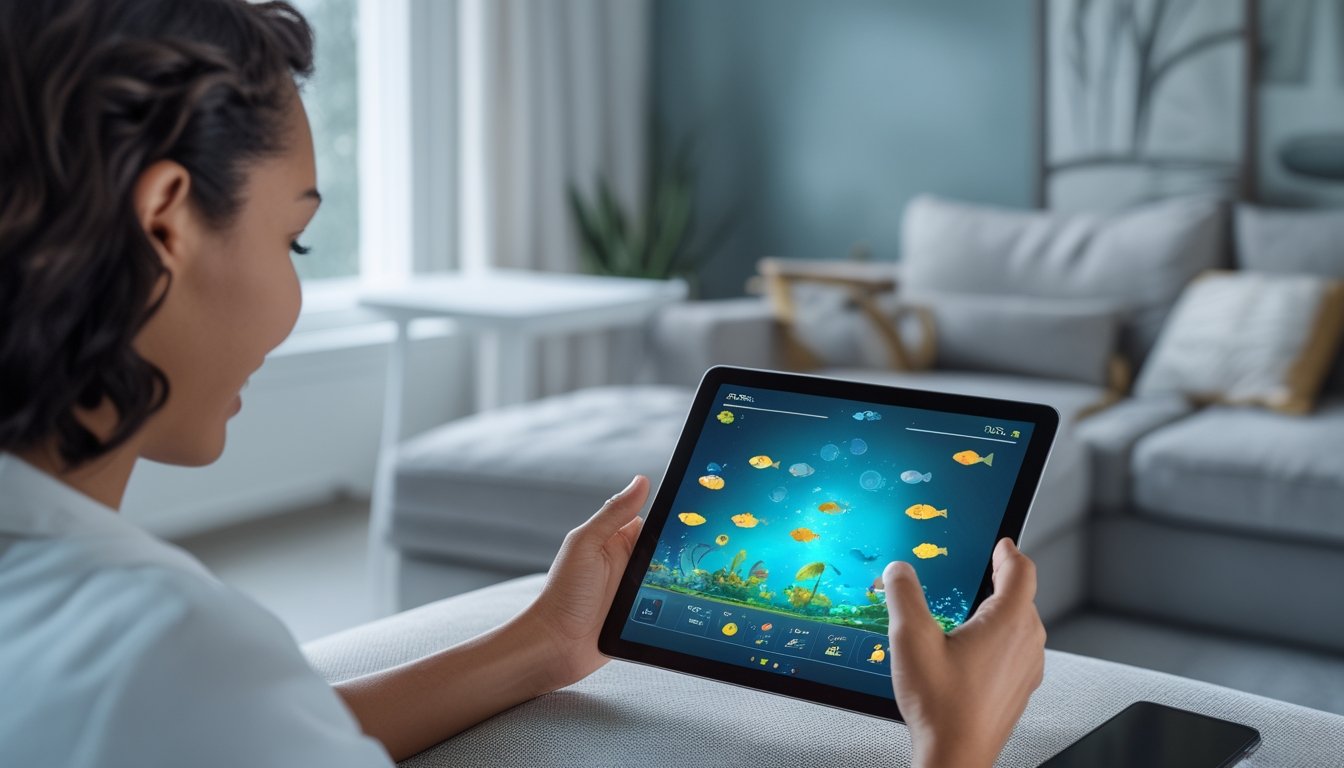 Seorang dewasa memainkan gim ikan berwarna-warni di tablet di rumah.