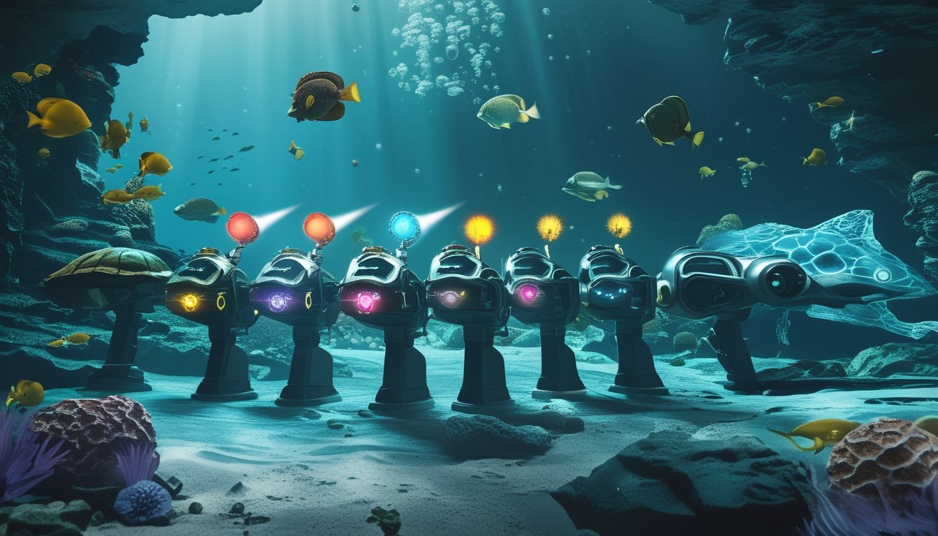 Beragam ikan berenang di sekitar senjata permainan bercahaya di dalam dunia bawah laut.