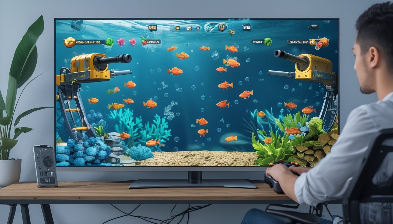Seseorang memainkan game tembak ikan dengan berbagai jenis meriam di layar.
