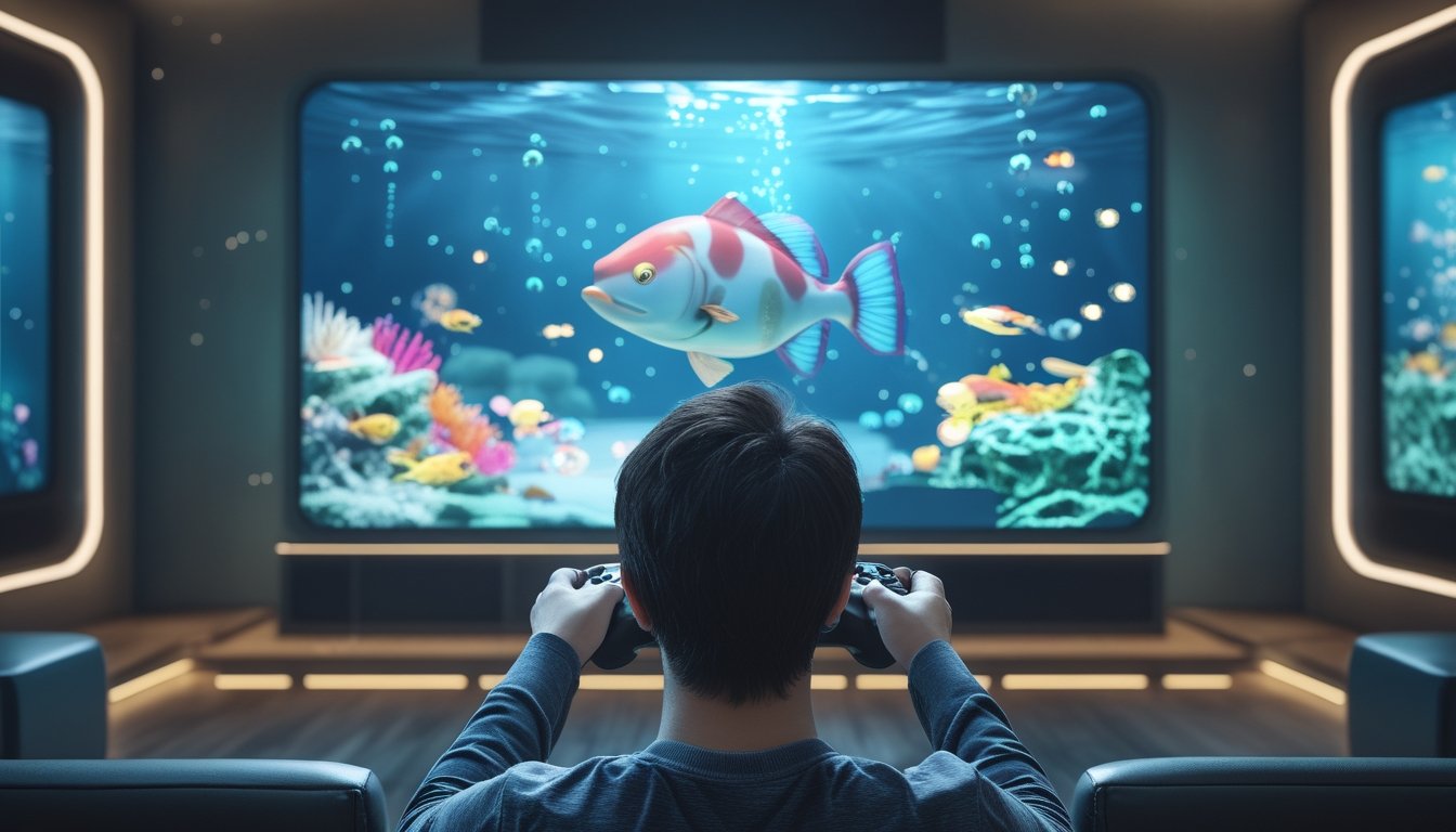 Seorang pemain mengendalikan permainan memancing bawah laut dengan ikan besar sebagai sasaran utama.