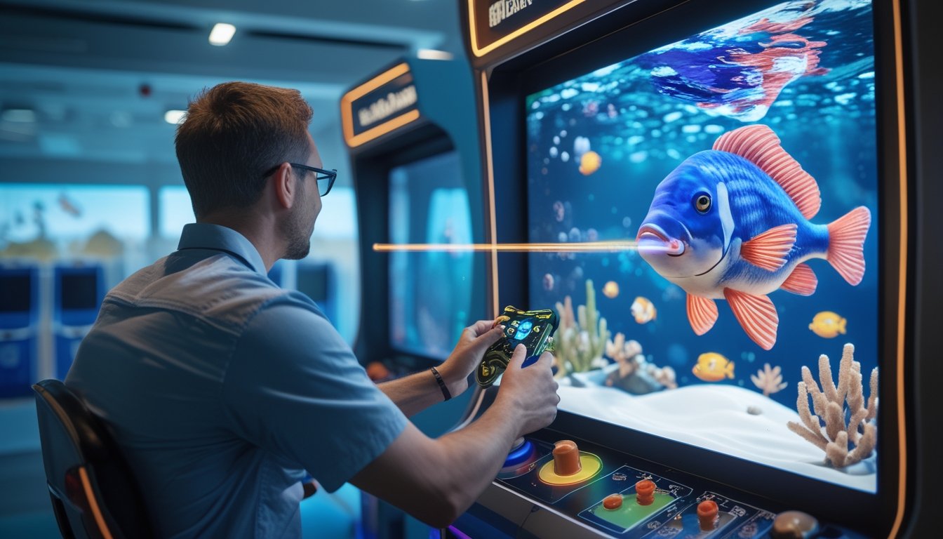 Seorang pemain mengarahkan pengendali permainan ke arah ikan besar di layar arcade bawah laut.