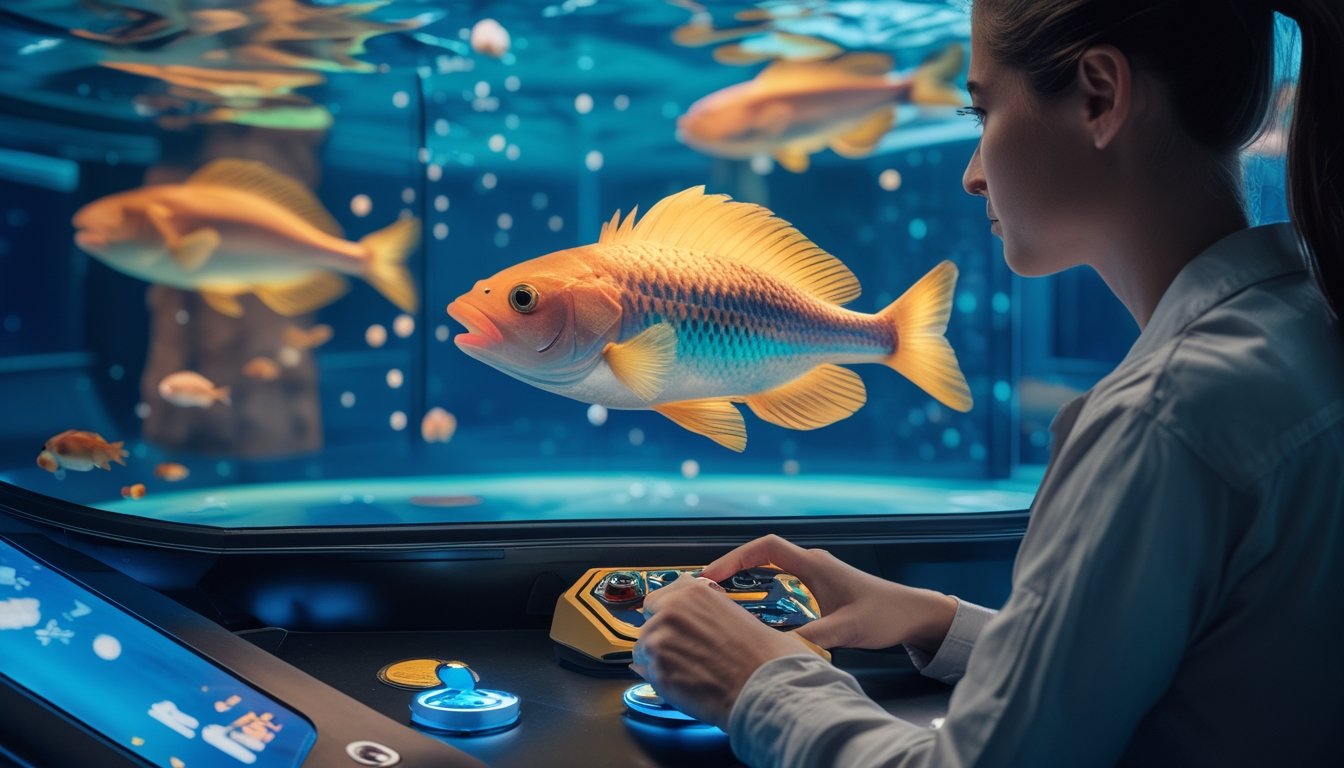 Seorang pemain mengendalikan permainan menembak ikan dengan ikan besar di layar.