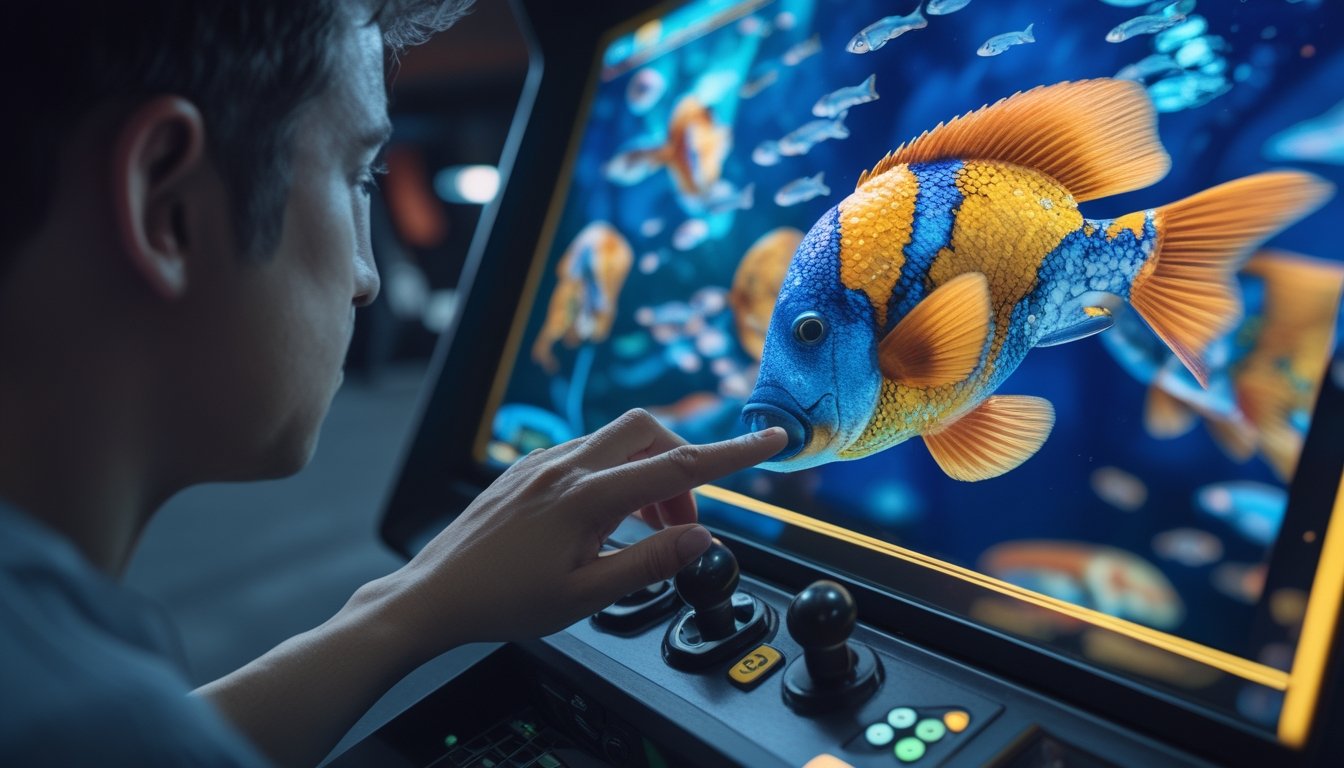 Seorang pemain mengamati ikan besar di layar permainan sebelum menekan tombol.