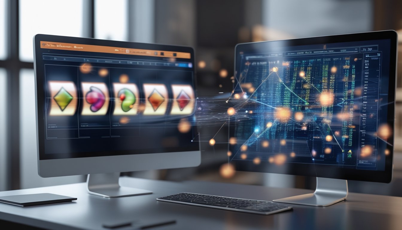 Layar komputer menampilkan gulungan slot digital yang berputar dengan visualisasi aliran data acak.
