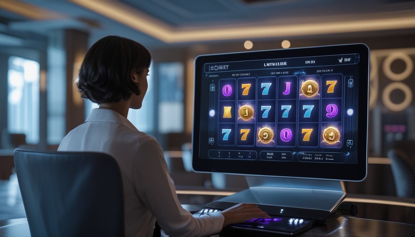 Seorang pemain duduk di depan terminal permainan slot digital dengan simbol berwarna-warni di layar.