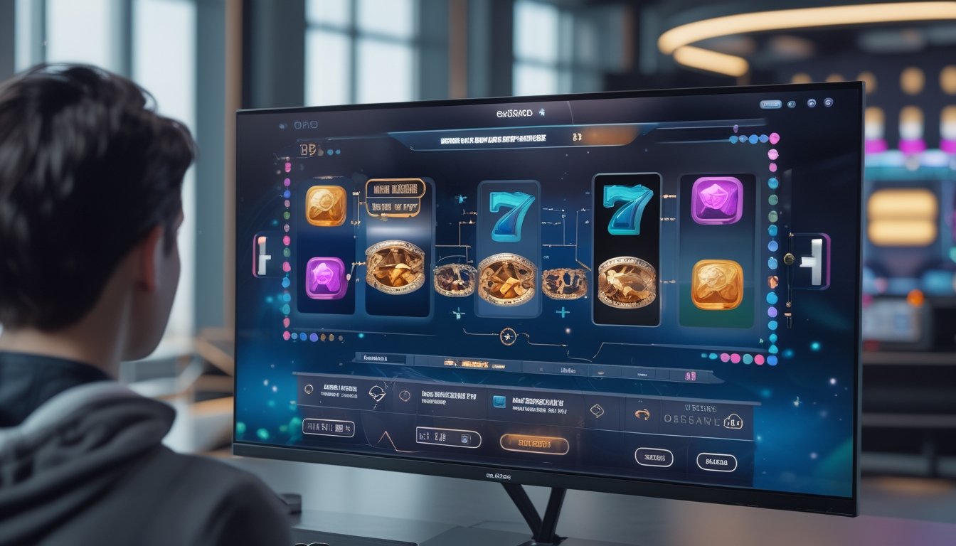 Seseorang mengamati layar permainan slot digital dengan simbol dan jalur bonus yang berwarna-warni.