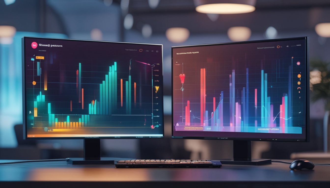 Layar permainan slot menampilkan dua pola cahaya dan grafik abstrak yang berbeda.