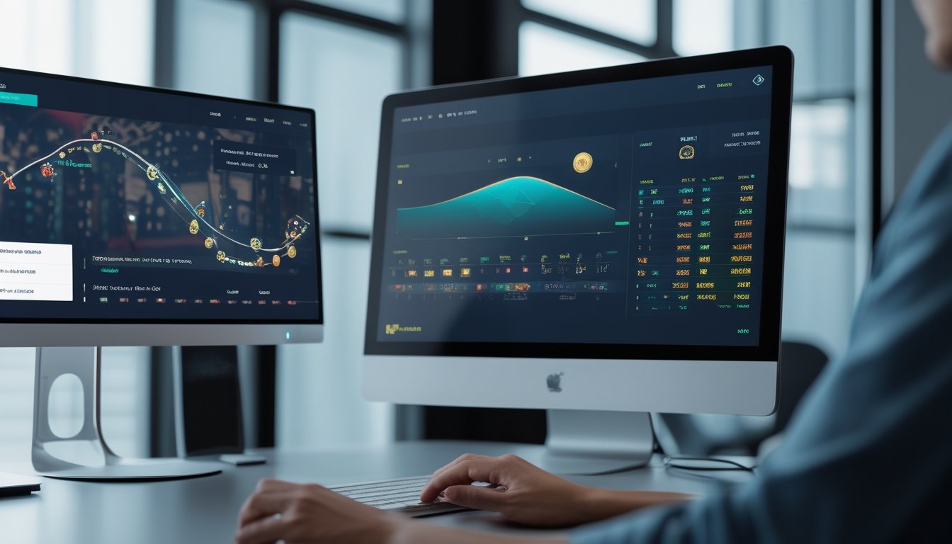 Layar komputer menampilkan grafik pembayaran dan gulungan permainan slot.