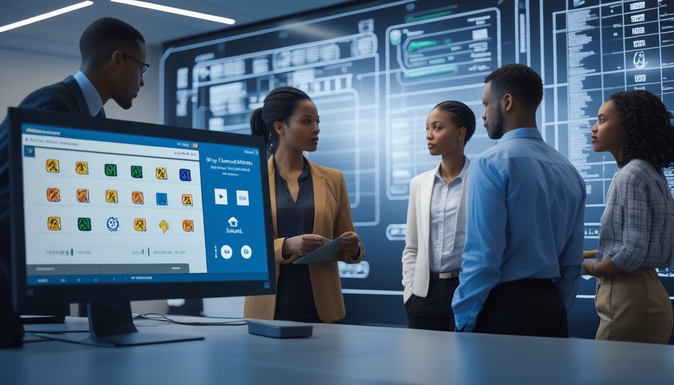 Tim analis mengamati data dan antarmuka permainan slot di ruang teknologi modern.