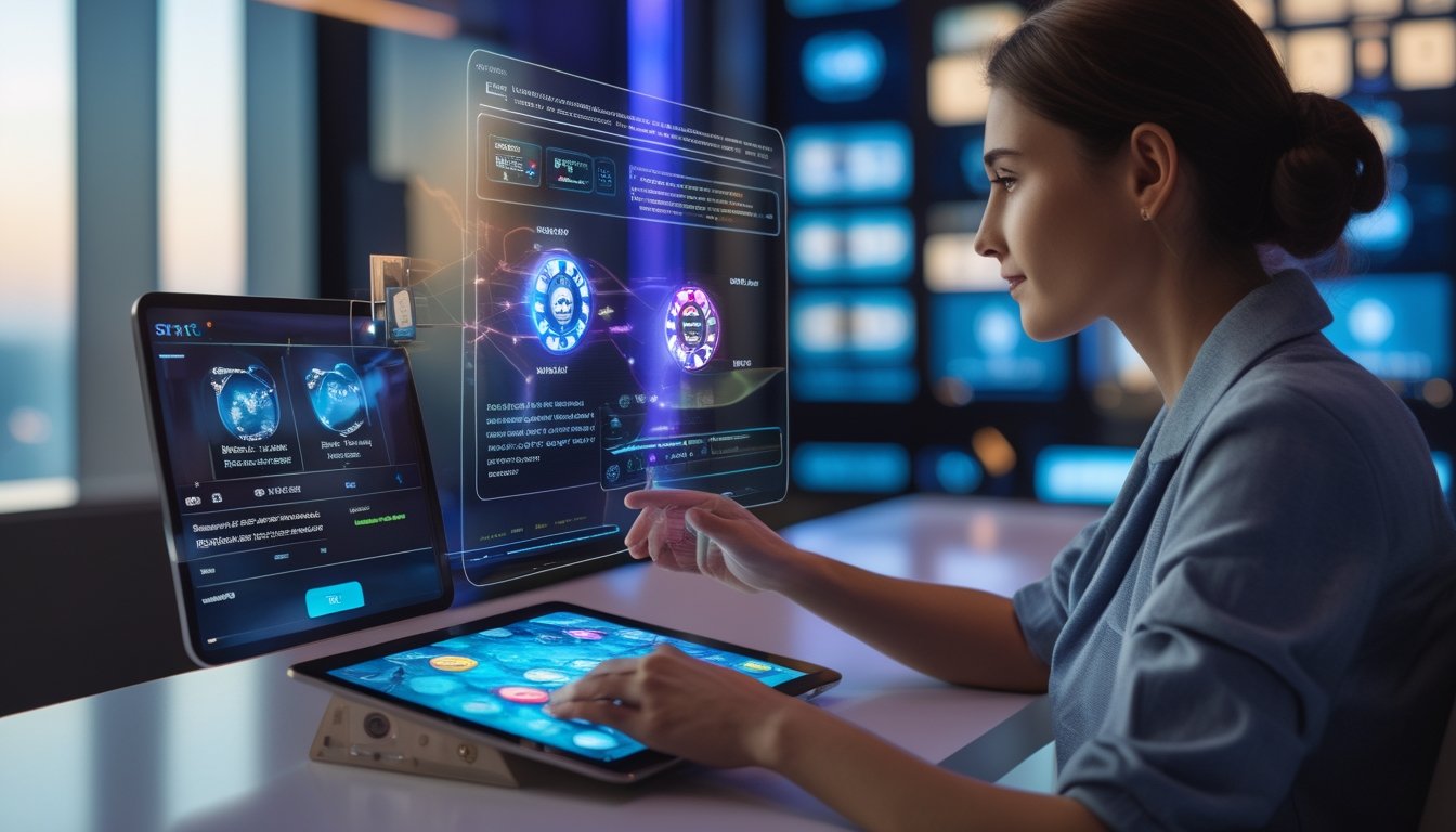 Seorang pemain menggunakan tablet di ruang modern dengan visualisasi data AI di sekitarnya.