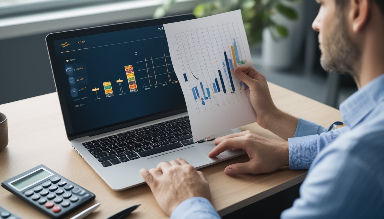 Seorang analis membandingkan grafik dan tampilan permainan slot di laptop.