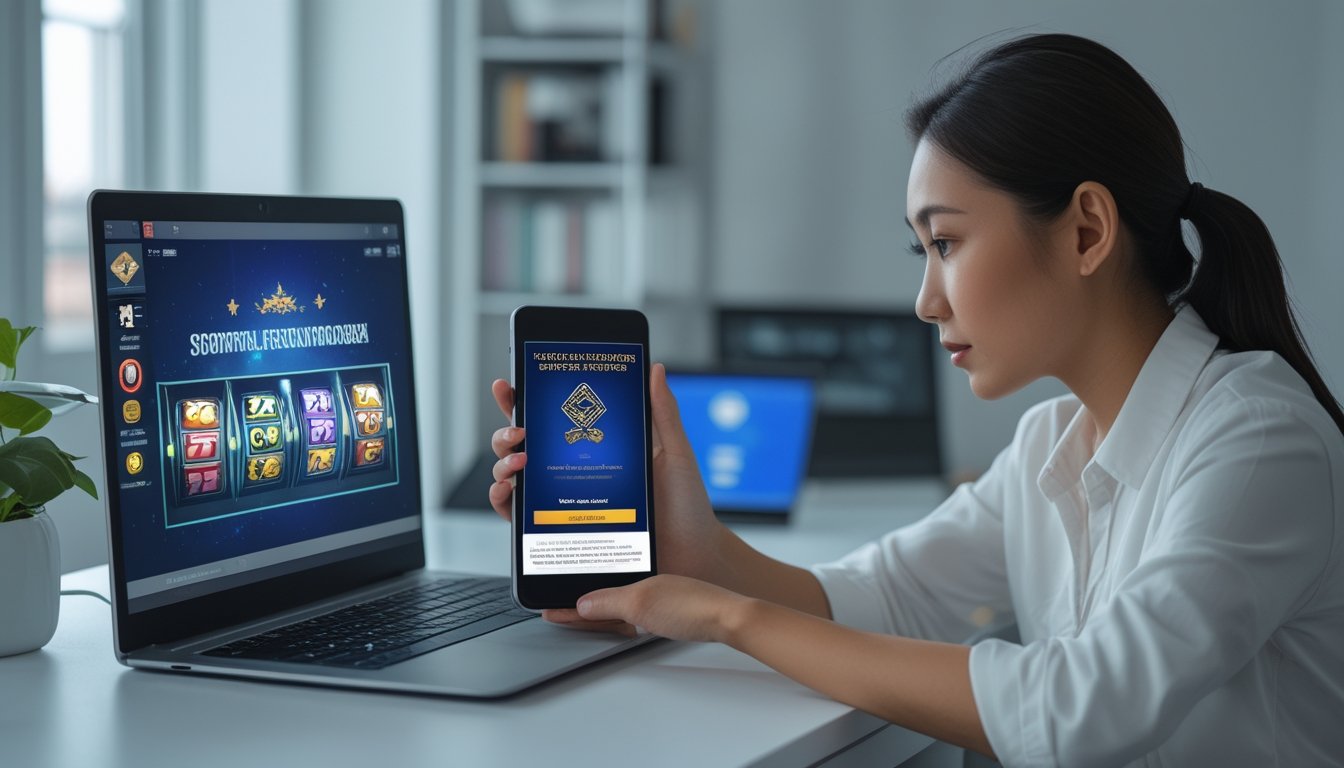 Seorang perempuan memeriksa tampilan permainan slot dan dokumen verifikasi penyedia melalui laptop dan tablet.