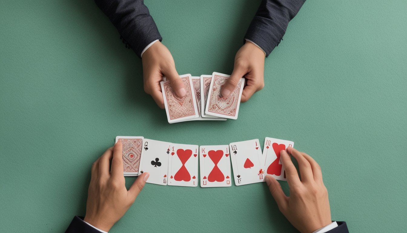Tiga susunan kartu Capsa di atas meja hijau sedang ditata dan dibandingkan.