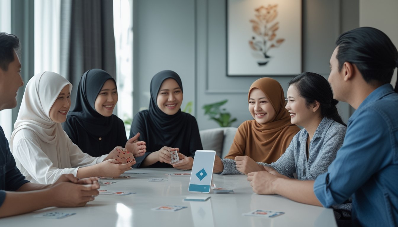 Sekelompok orang dewasa bermain Capsa bersama di meja dengan kartu dan ponsel.