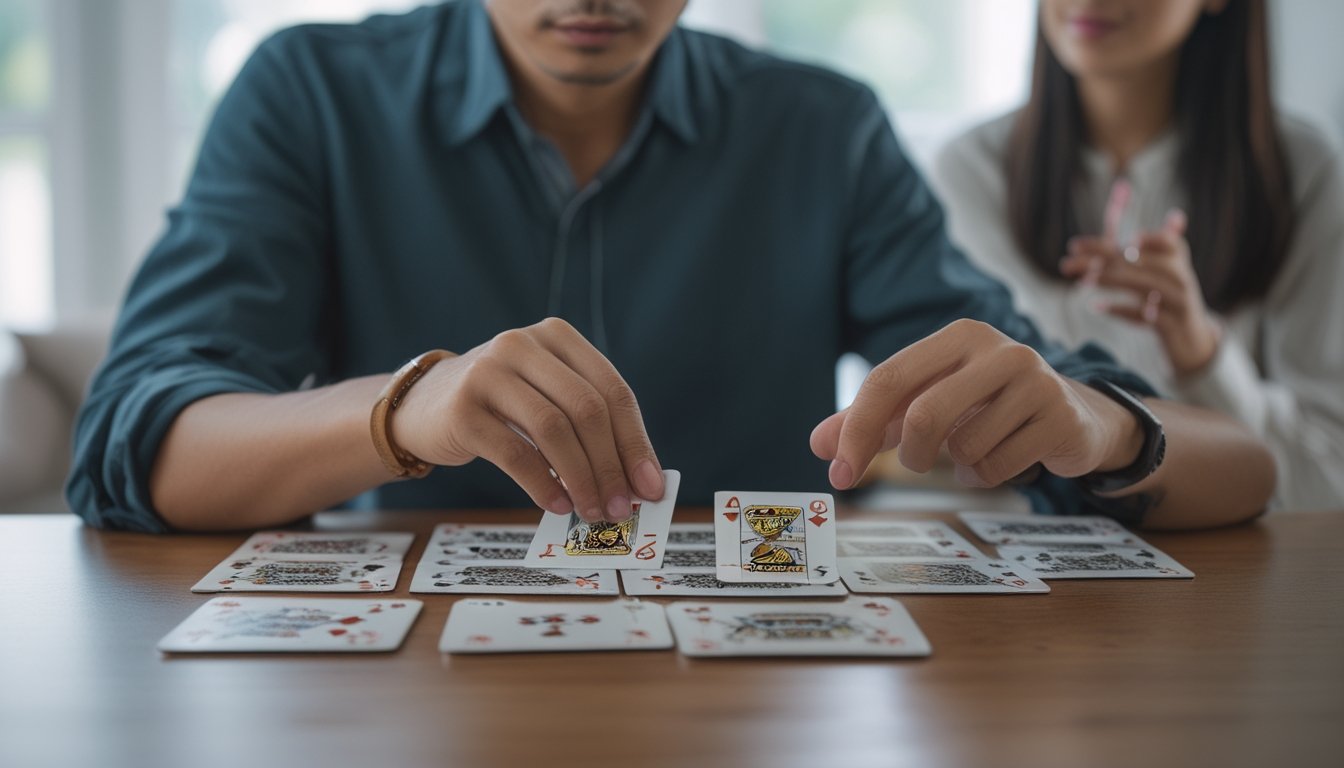 Seorang pemain menyusun dan memeriksa kombinasi kartu Capsa di atas meja.