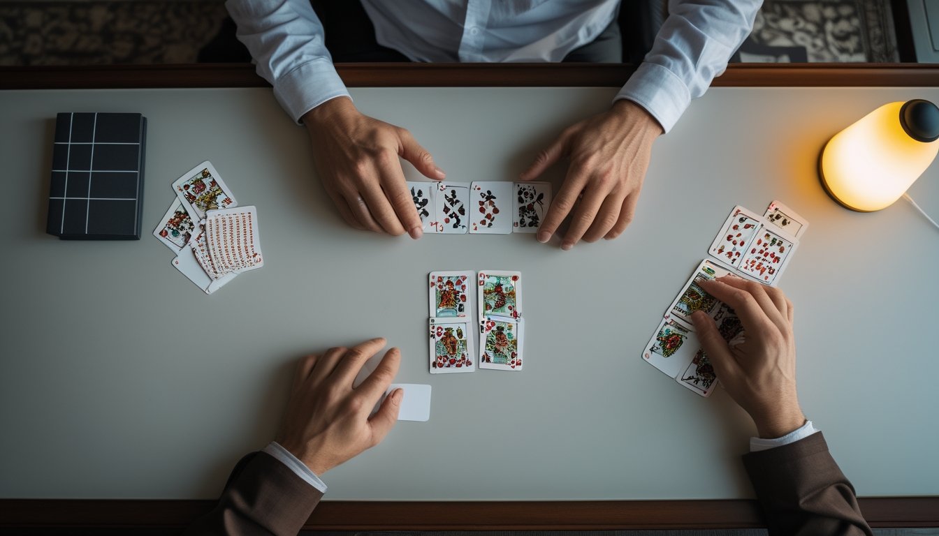Seseorang menyusun kartu Capsa Susun di atas meja sambil mempertimbangkan strateginya.
