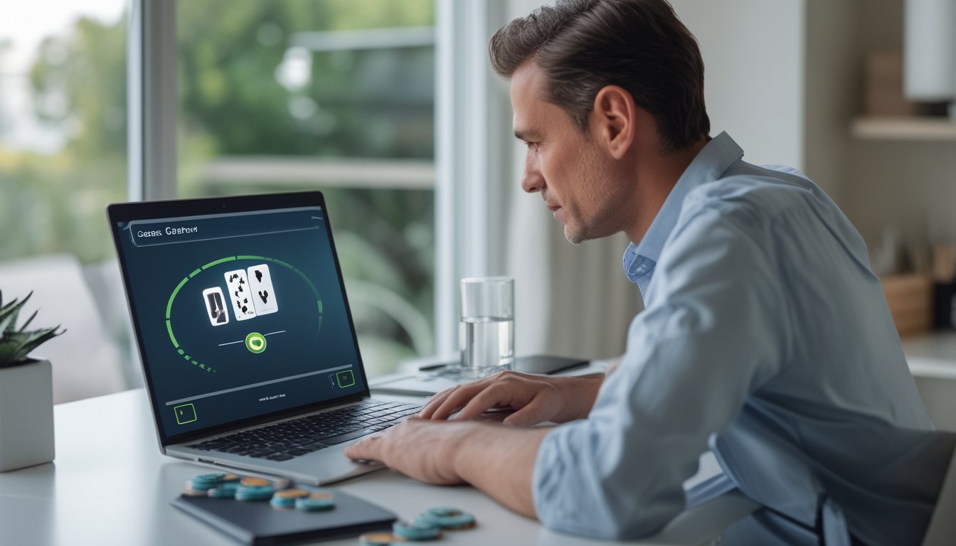 Seseorang bermain Capsa di laptop dengan tenang, ditemani chip dan buku catatan kosong.