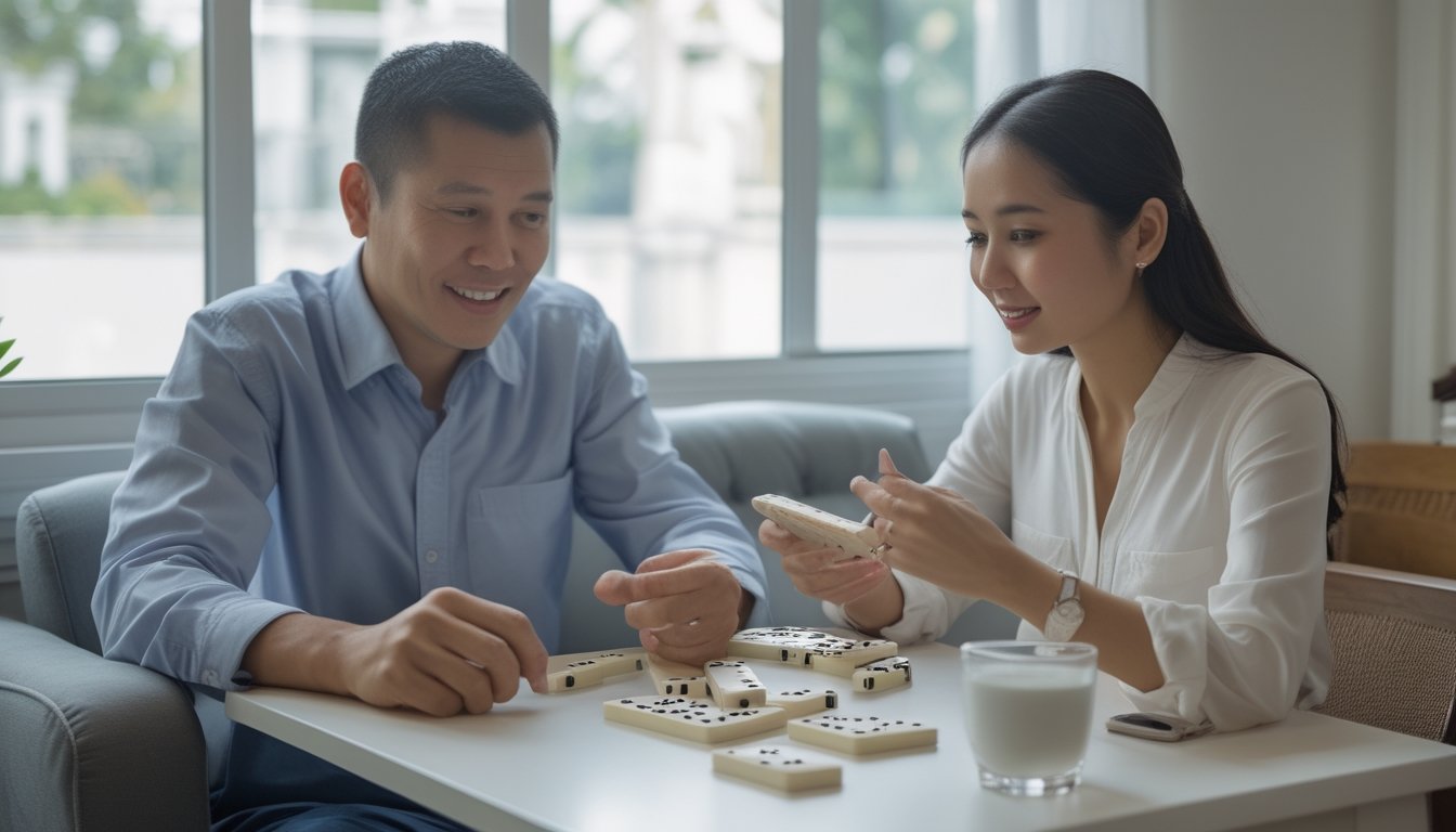Dua orang dewasa mempelajari permainan domino di meja.