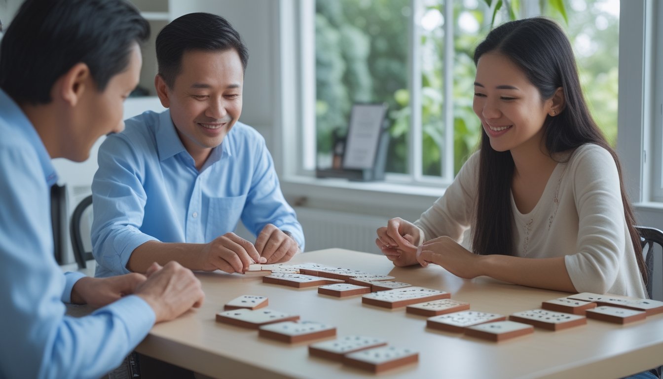Dua orang dewasa mempelajari permainan Ceme dengan menyusun kartu domino di atas meja.
