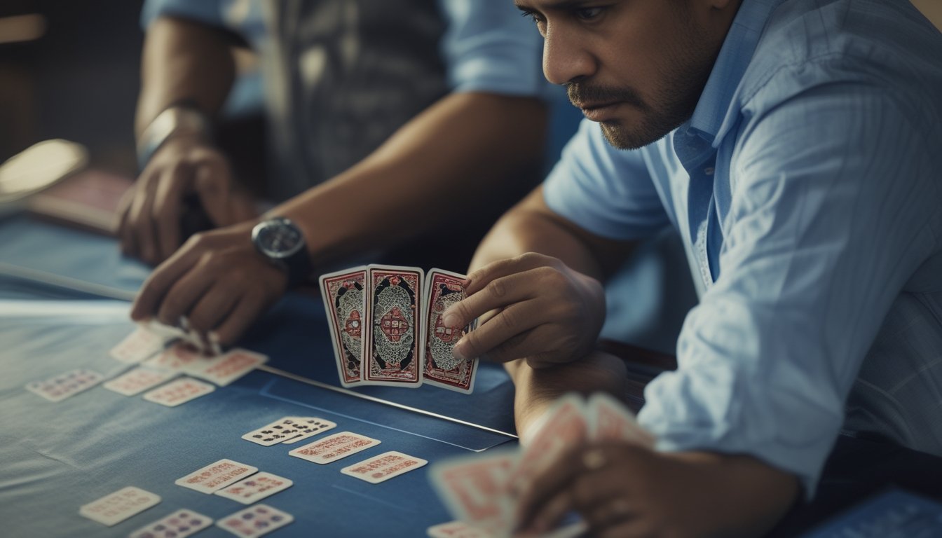 Seorang pemain mengamati kartu domino di meja permainan sementara pemain lain duduk di seberangnya.