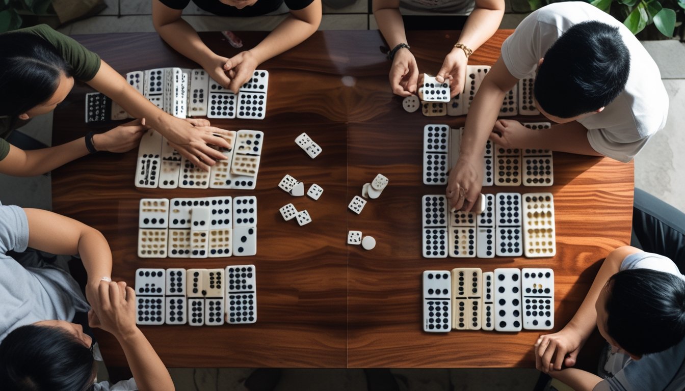 Beberapa orang dan seorang pemain membandingkan permainan domino di atas meja.