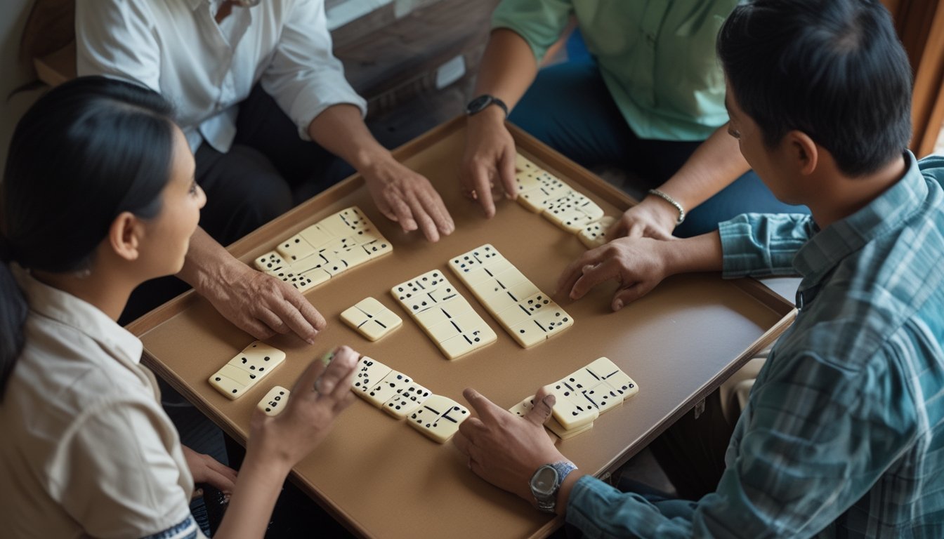 Sekelompok orang dewasa bermain Ceme dengan domino di atas meja, sementara satu pemain membagikan tile kepada yang lain.