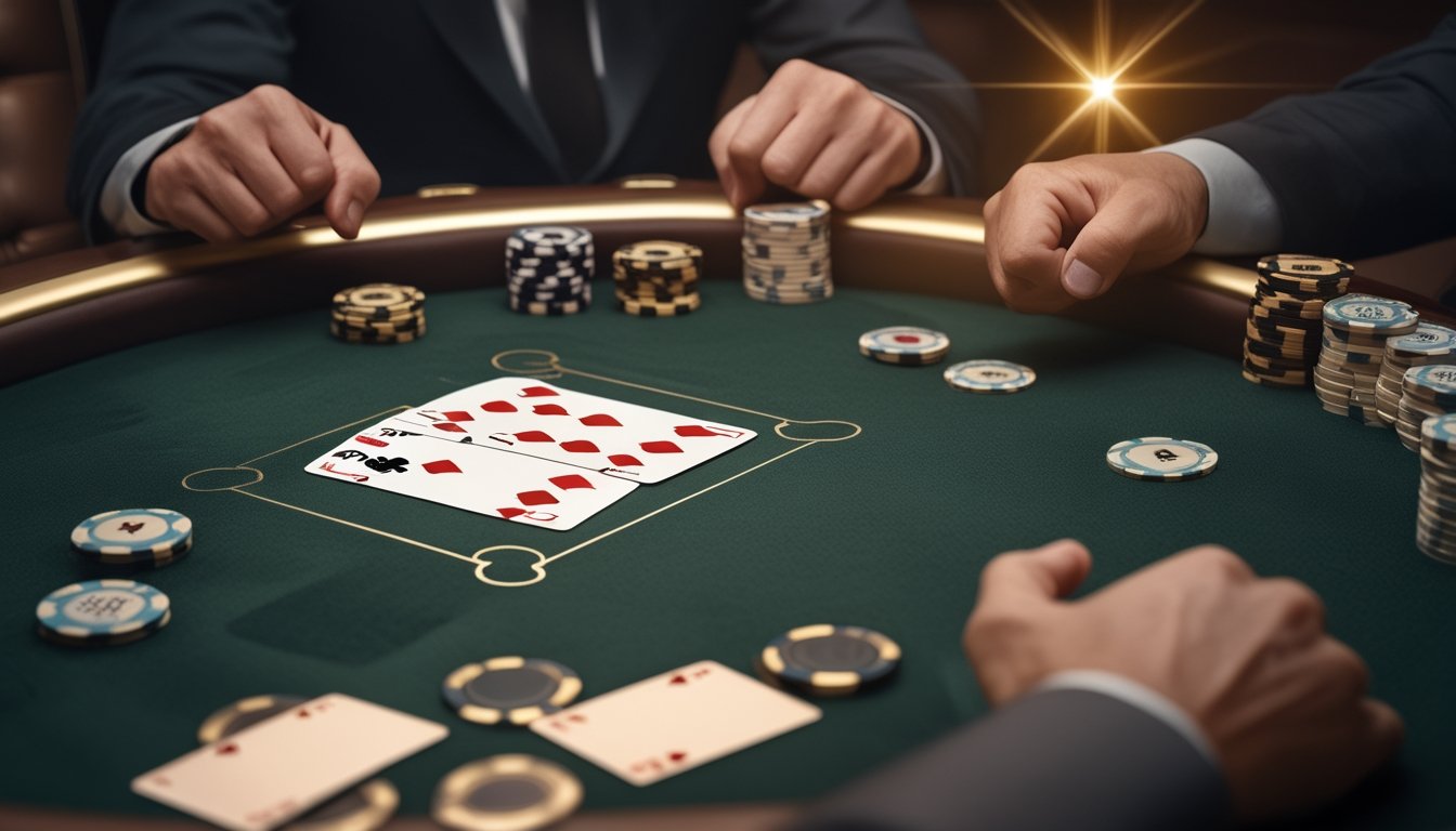 Tangan pemain merayakan kombinasi kartu di meja permainan dengan tumpukan chip.