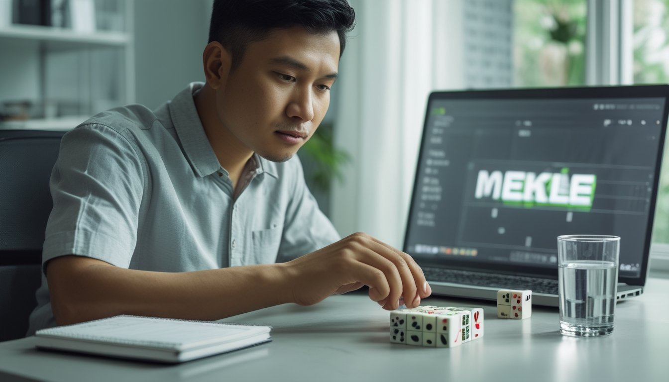 Seorang pria meninjau ubin domino dan laptop di meja kerja.