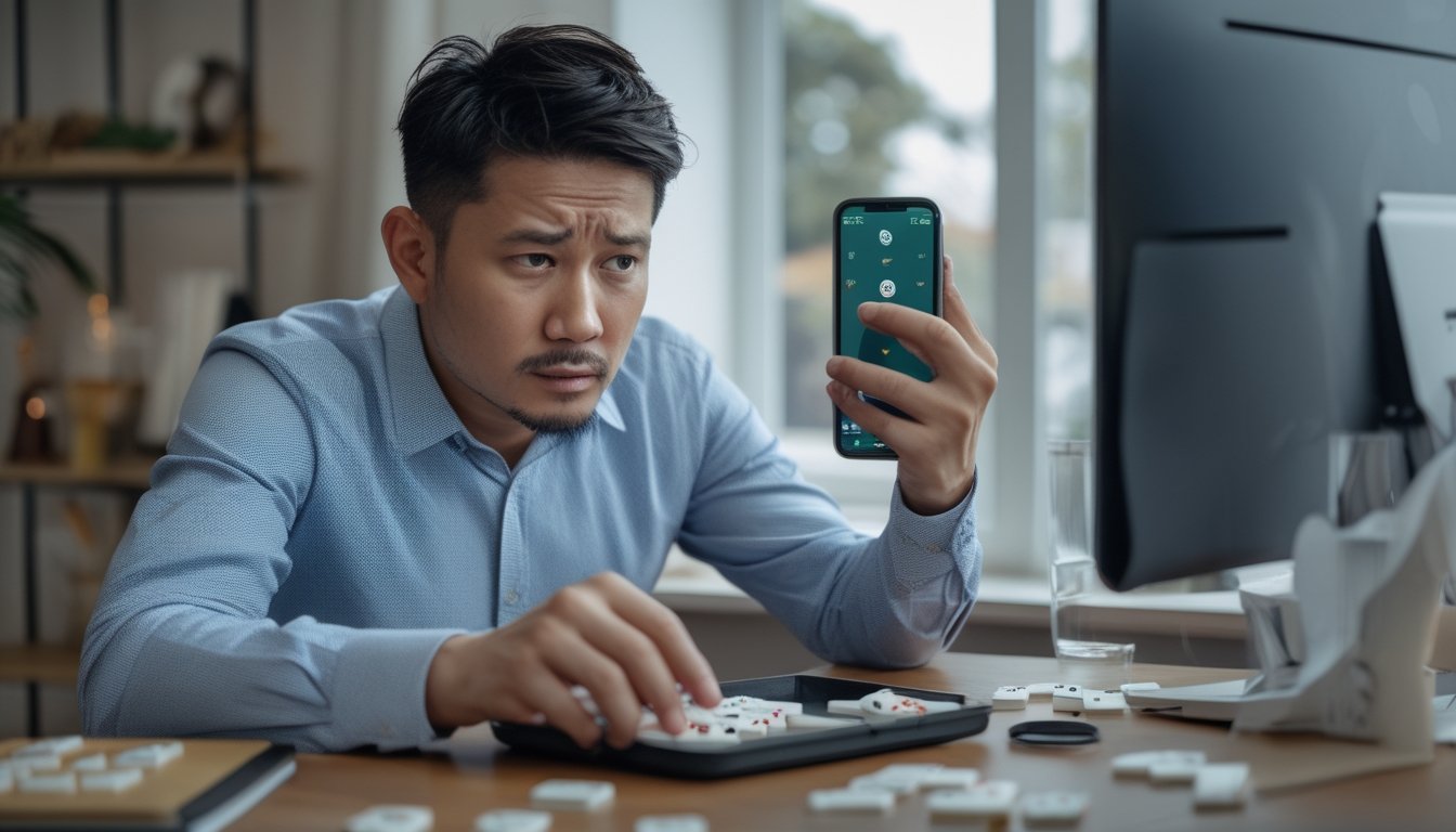 Seorang pria tampak khawatir saat memperhatikan ubin domino dan ponselnya.