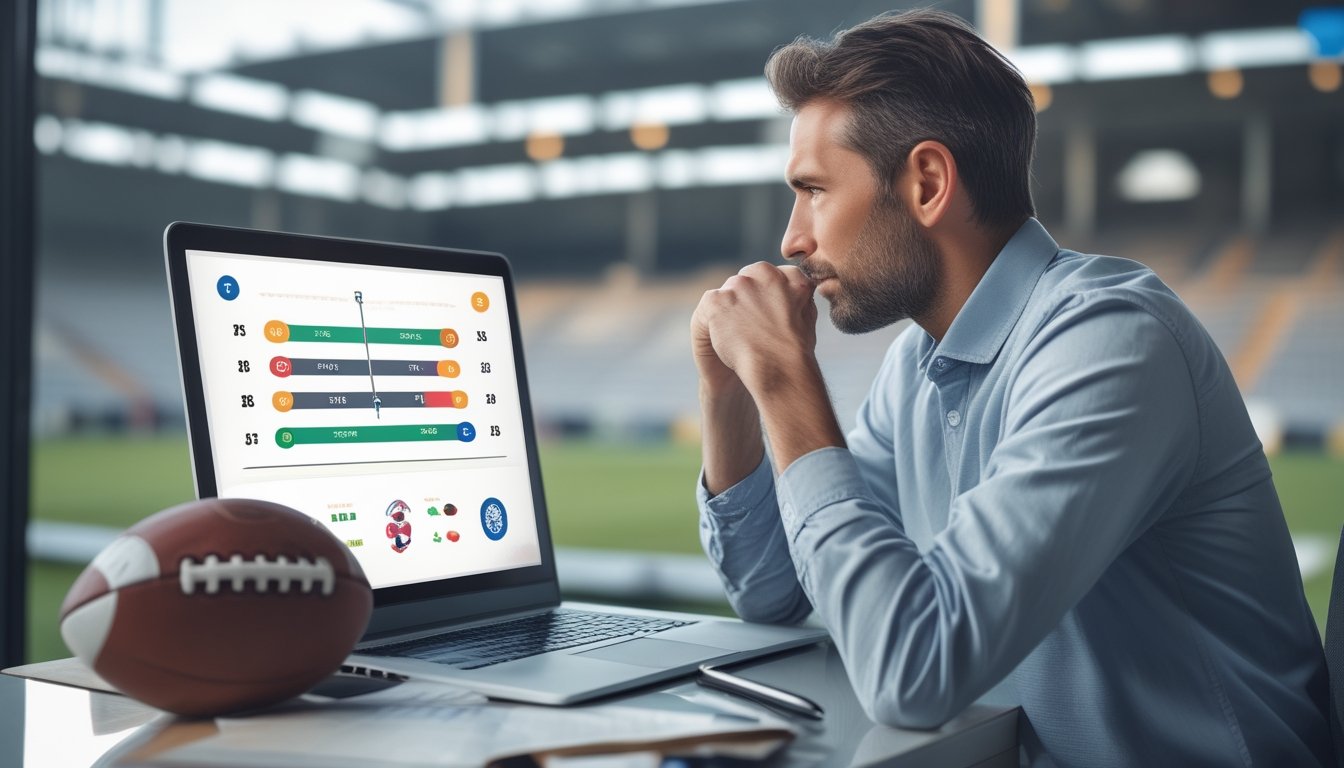 Seorang pemula mempelajari analisis pertandingan sepak bola di laptop dengan bola dan stadion di latar belakang.