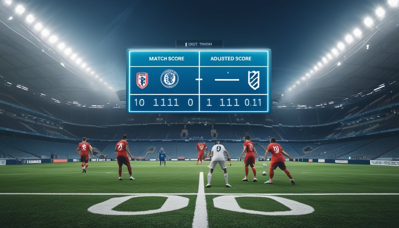 Seorang pemula mempelajari pertandingan sepak bola dan papan skor di stadion.