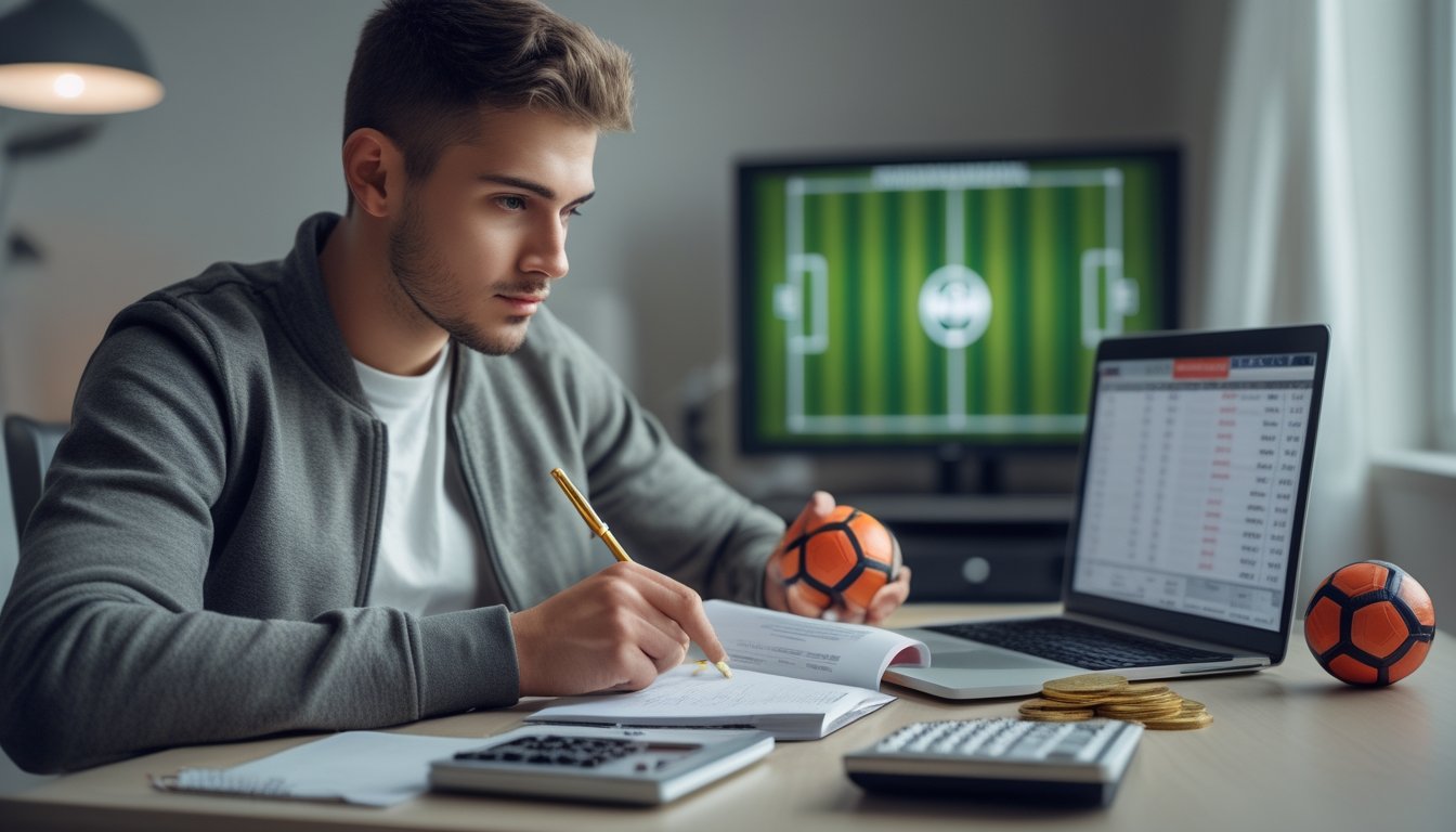 Seorang penggemar sepak bola meninjau jadwal pertandingan di laptop sambil mencatat di meja.