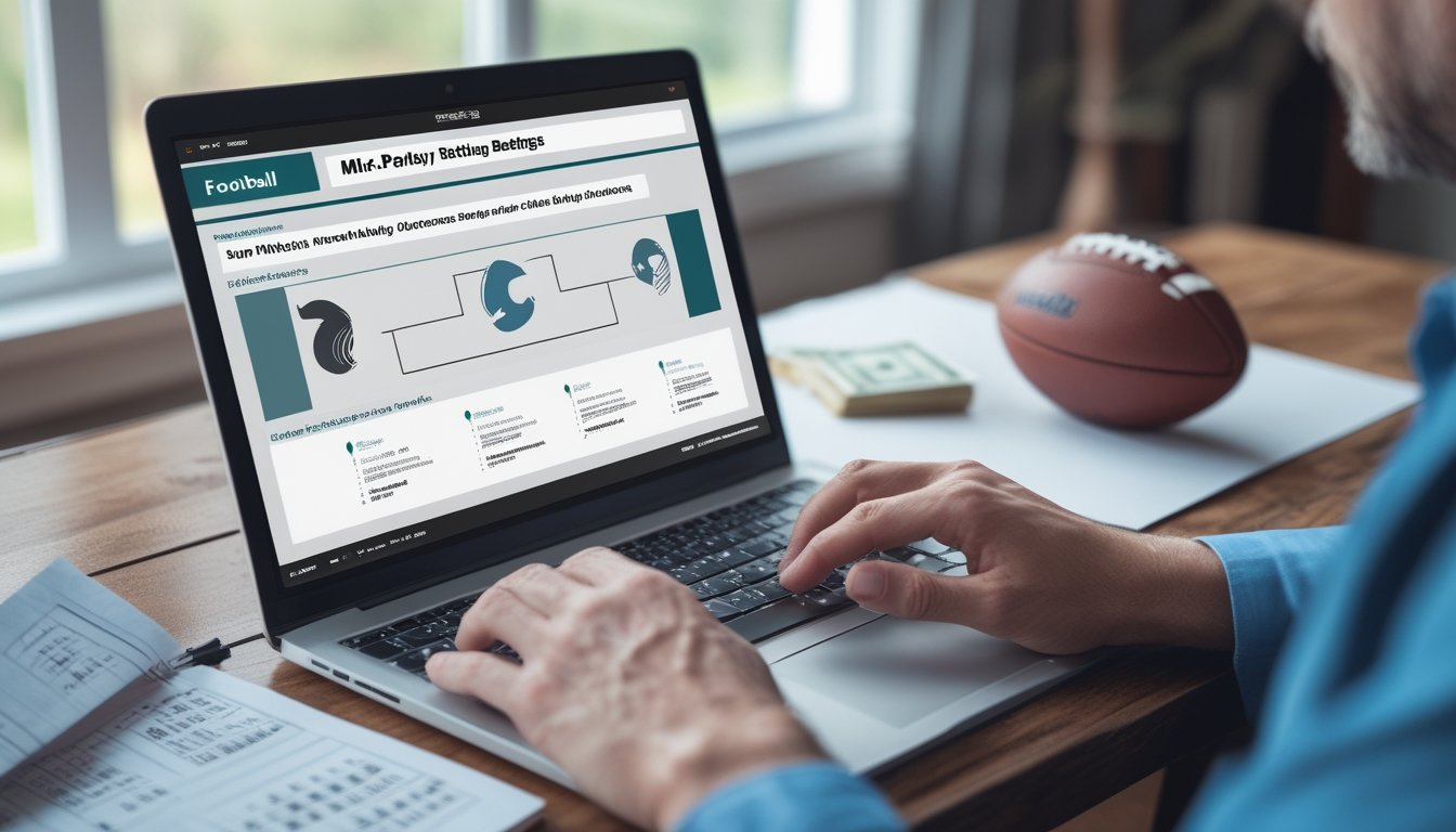 Seseorang menganalisis pertandingan sepak bola di laptop dengan catatan dan sebuah bola di latar belakang.