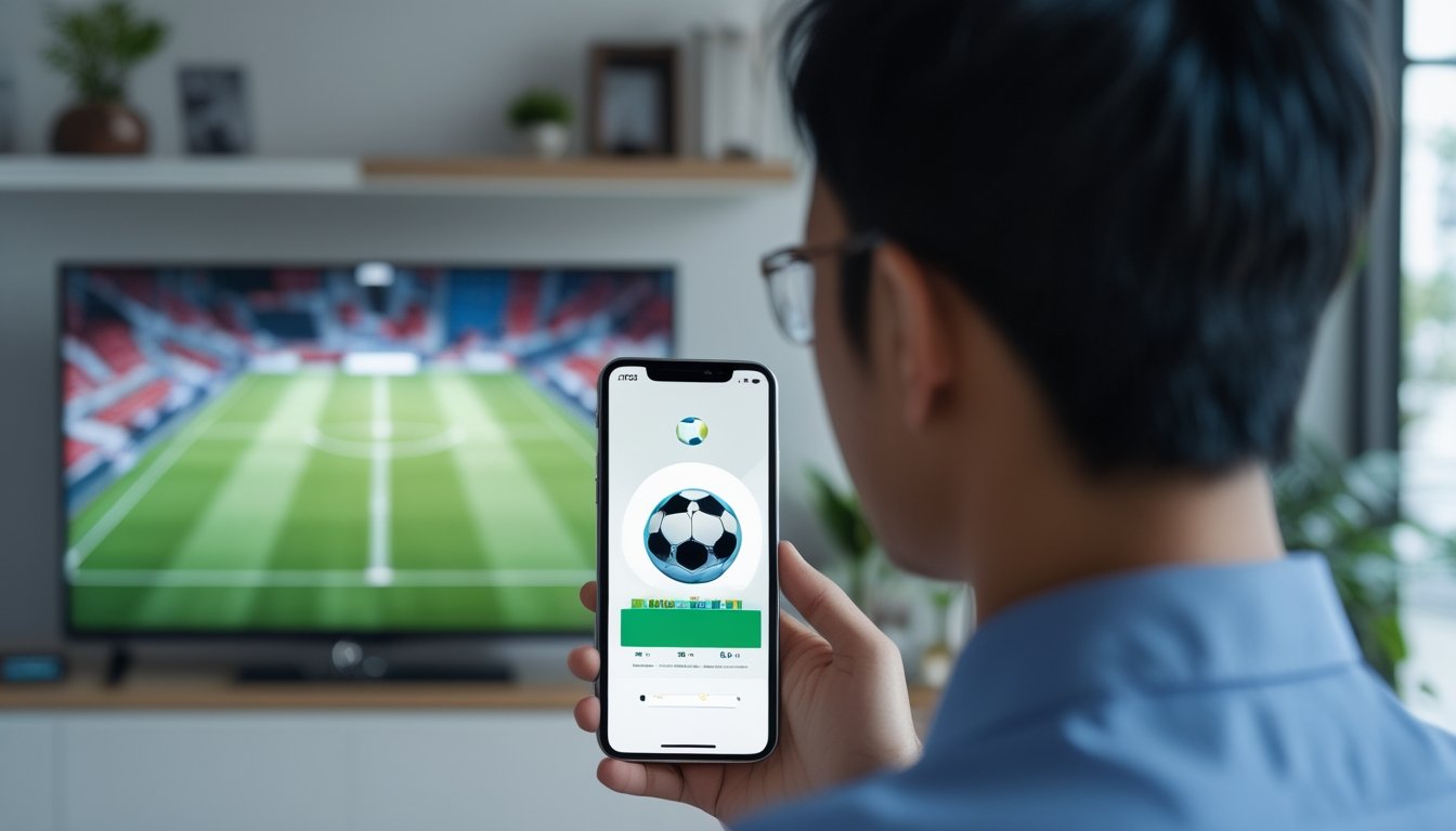 Seseorang melihat pertandingan sepak bola di televisi sambil memegang ponsel dengan ilustrasi lapangan.