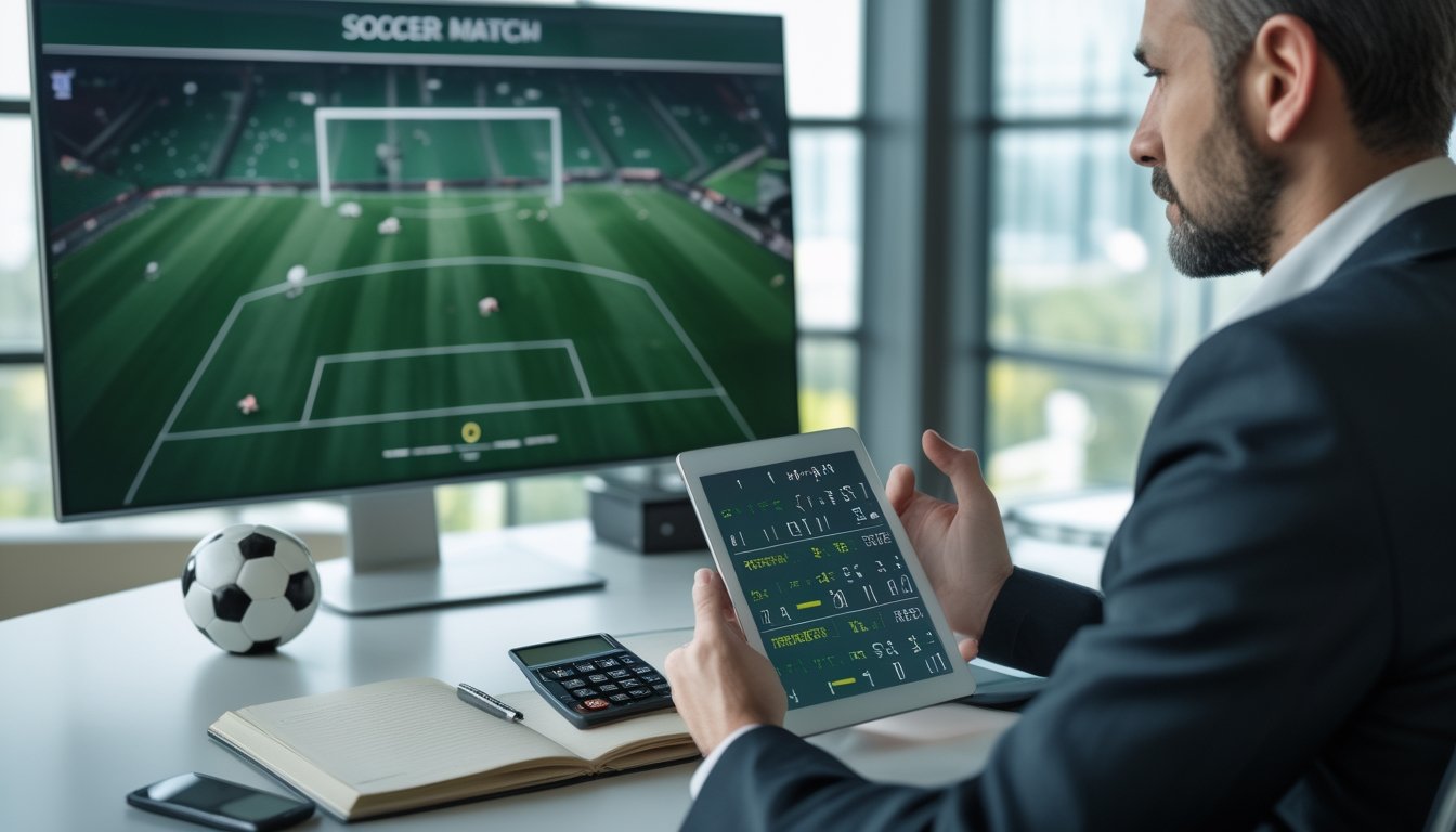 Seorang analis menghitung di meja sambil menyaksikan pertandingan sepak bola di layar.