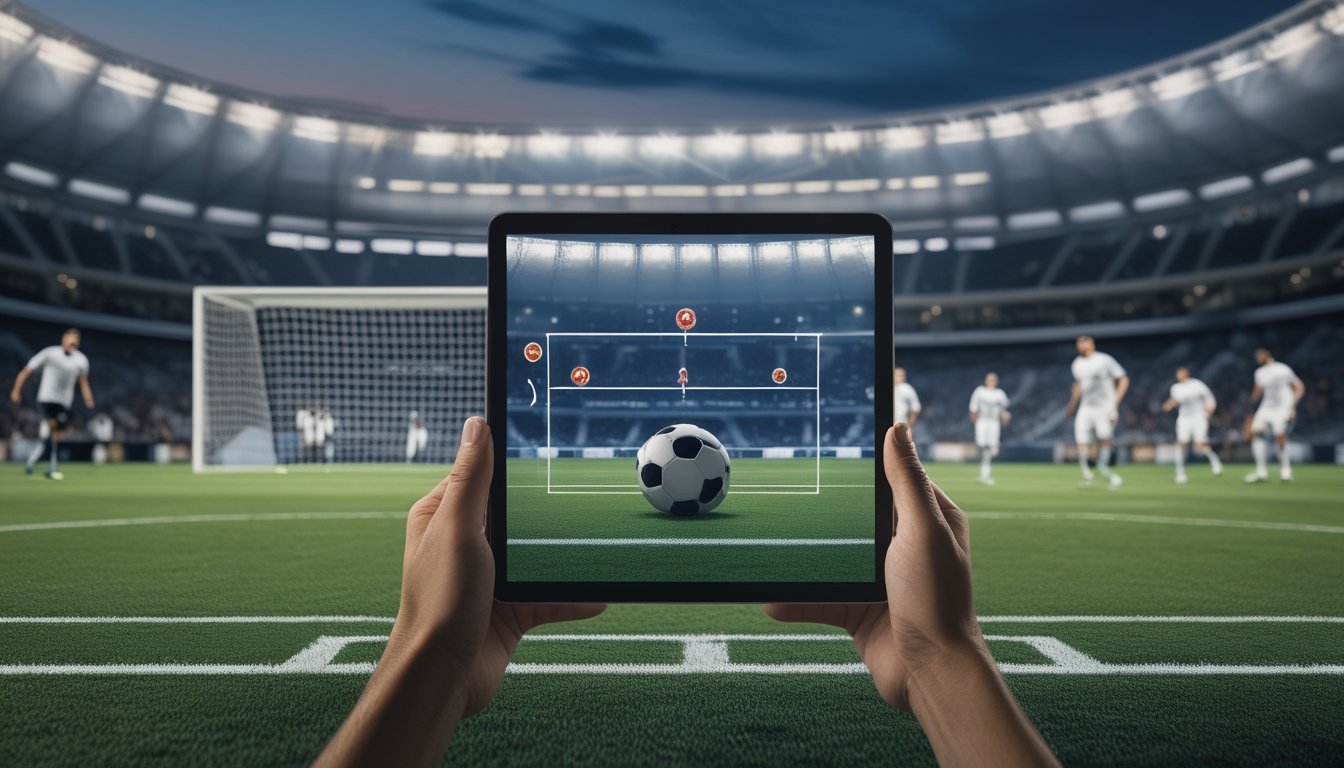 Penonton melihat pertandingan sepak bola sambil membandingkan jumlah gol dengan sebuah garis batas.
