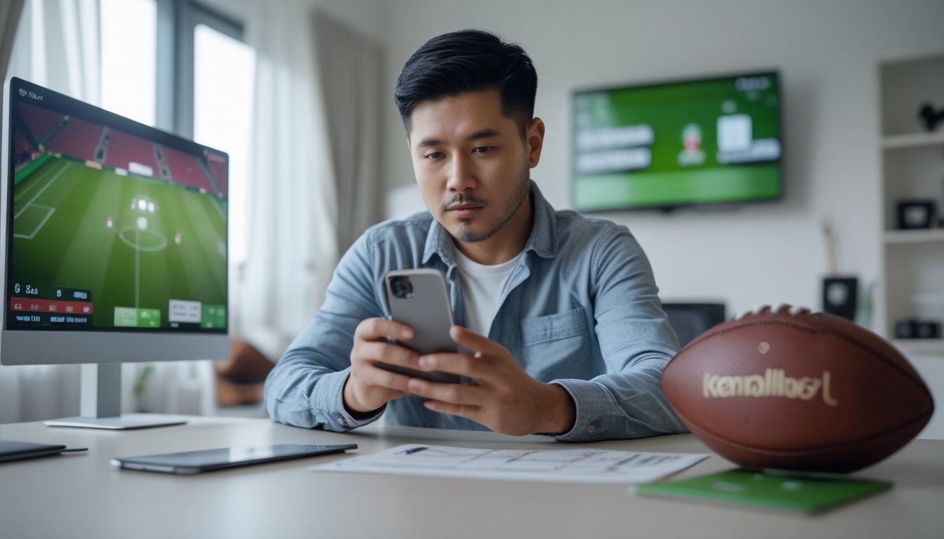 Seorang pria membandingkan pilihan layanan sepak bola melalui ponsel di ruang kerja, dengan bola dan pertandingan di latar belakang.