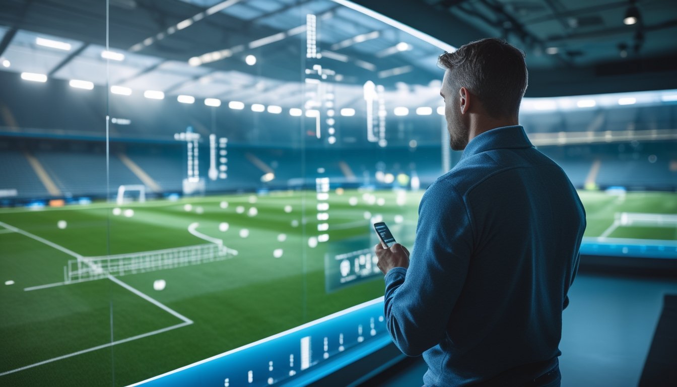 Seorang analis sepak bola mengamati diagram taktik di layar, dengan bola dan stadion di latar belakang.