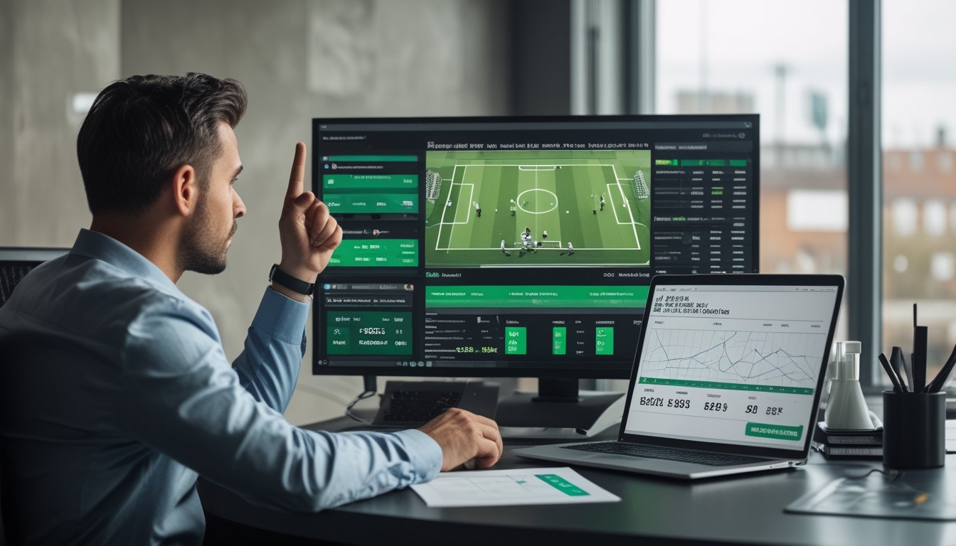 Seorang analis sepak bola mempelajari pertandingan di layar sambil meninjau statistik pada laptop.