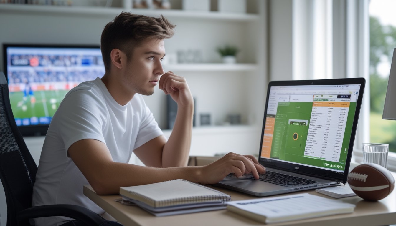 Seorang penggemar sepak bola memeriksa pertandingan di laptop sambil meninjau catatan dan kalkulator di meja.