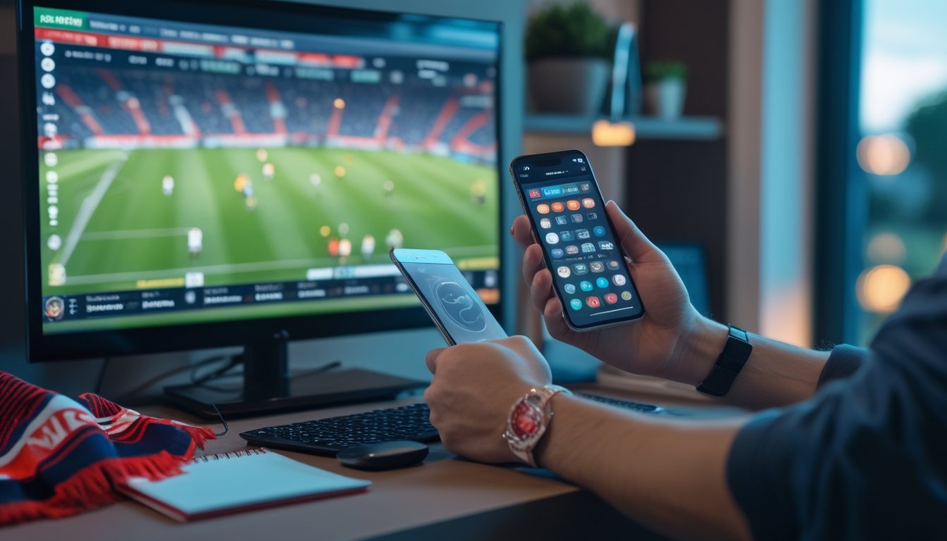 Seorang penggemar sepak bola menggunakan ponsel sambil menonton pertandingan di televisi.