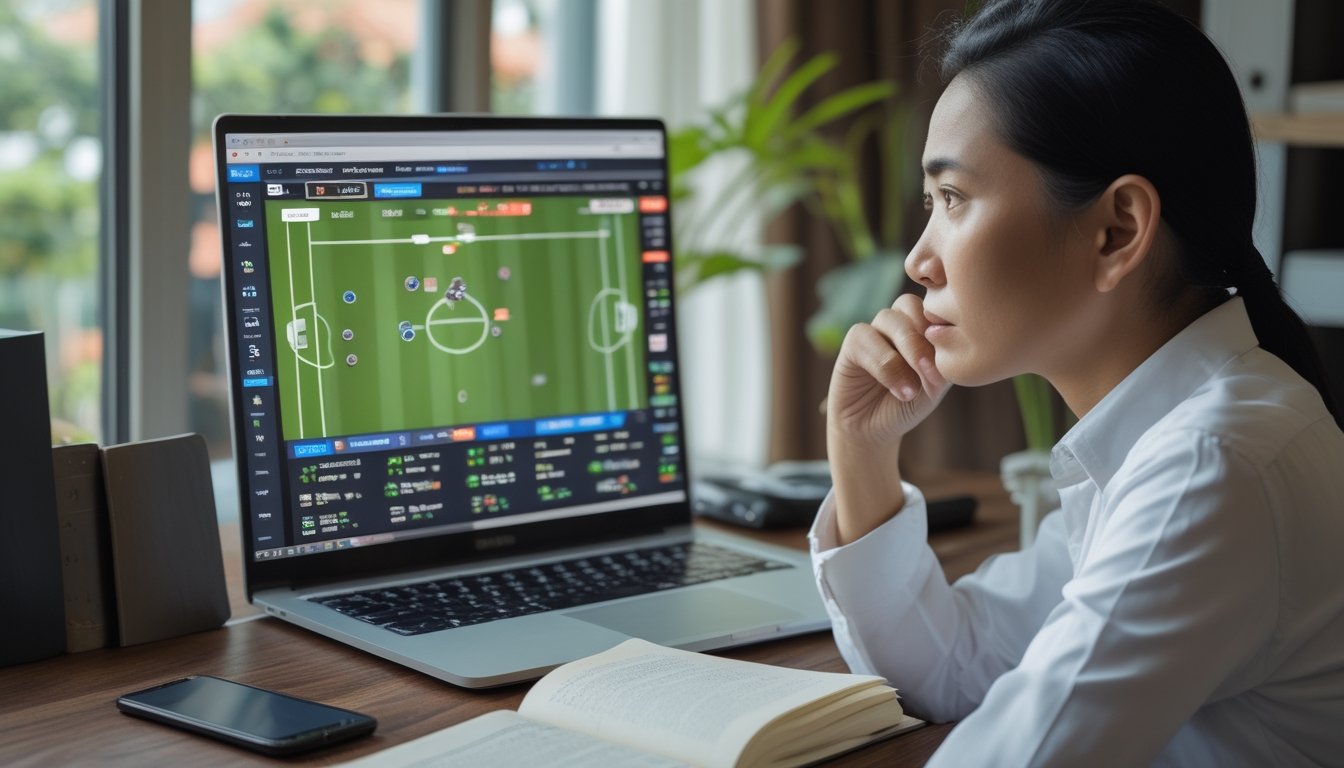 Seorang dewasa Indonesia menatap laptop dengan tampilan pertandingan sepak bola di meja.