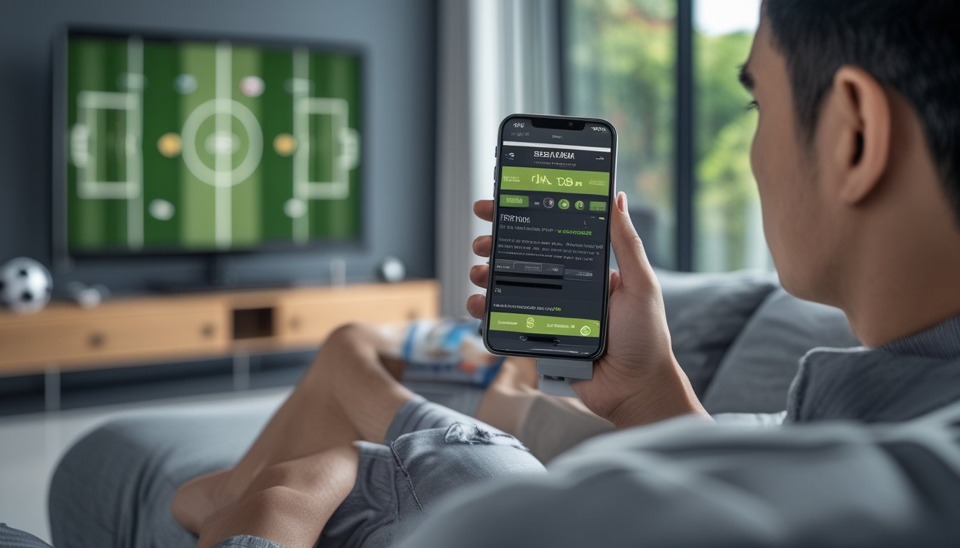 Seorang penggemar sepak bola menggunakan ponsel sambil menonton pertandingan di rumah.