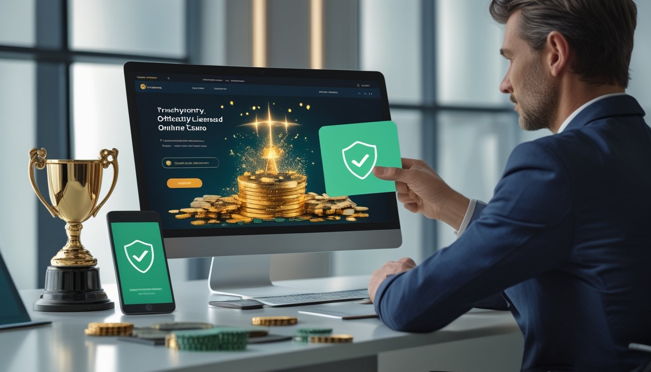 Seorang dewasa melihat konfirmasi pembayaran jackpot di laptop, dengan ponsel, piala, dan keping kasino di atas meja.
